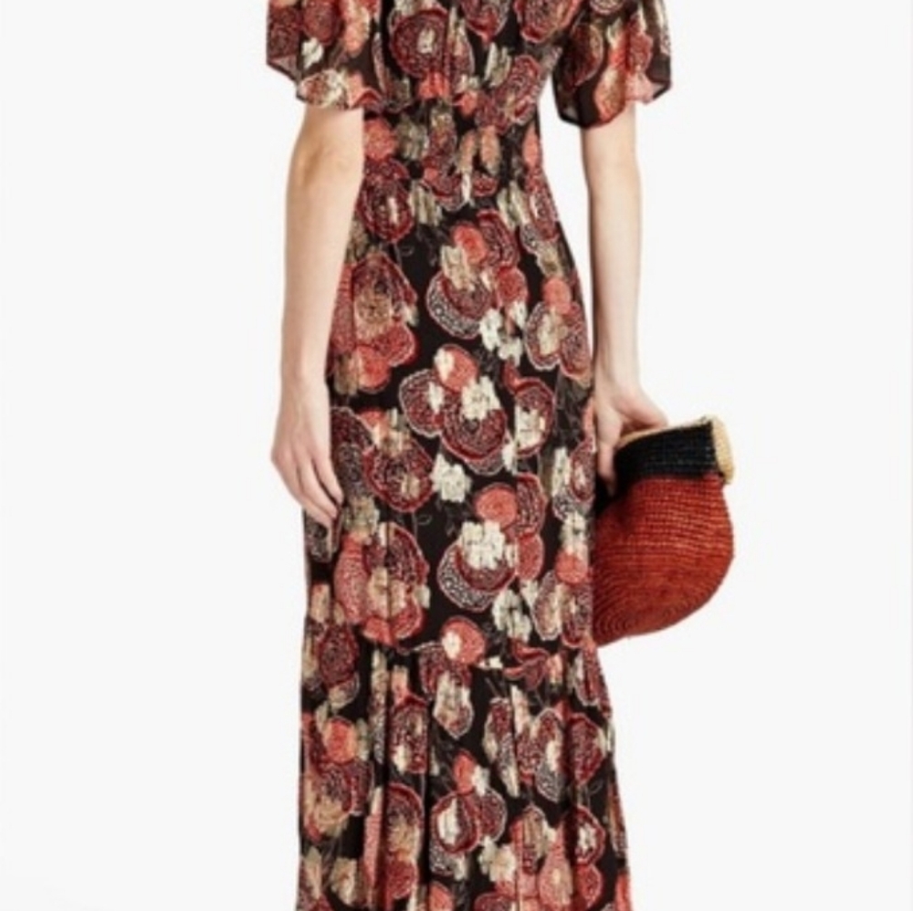 ba&sh Black Floral V-Neck Maxi HIDE Dress with Rust, Gold and Cream Accents - Picture 3 of 9